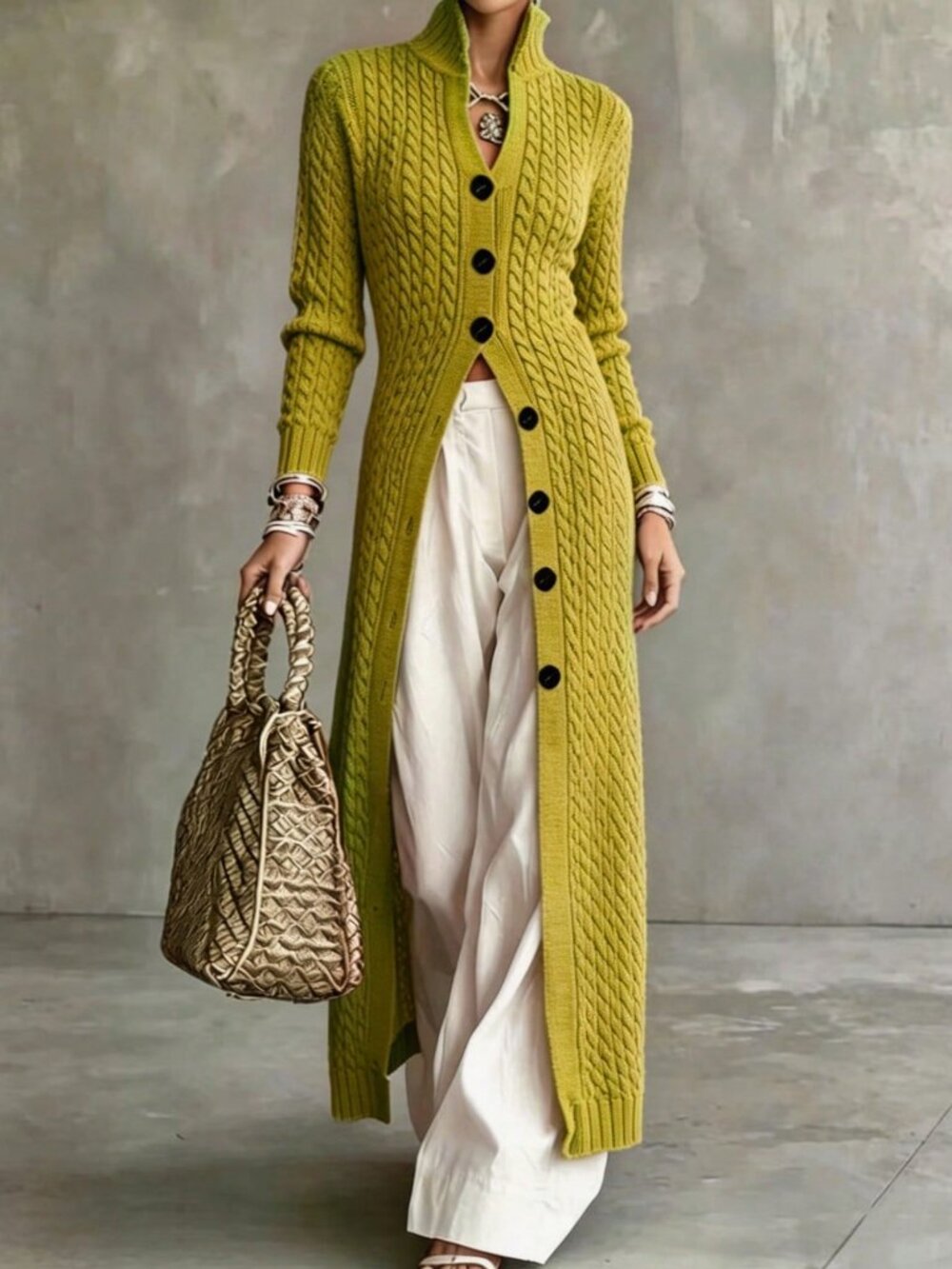 Mustard Green Casual Women's Button Front Long Cardigan